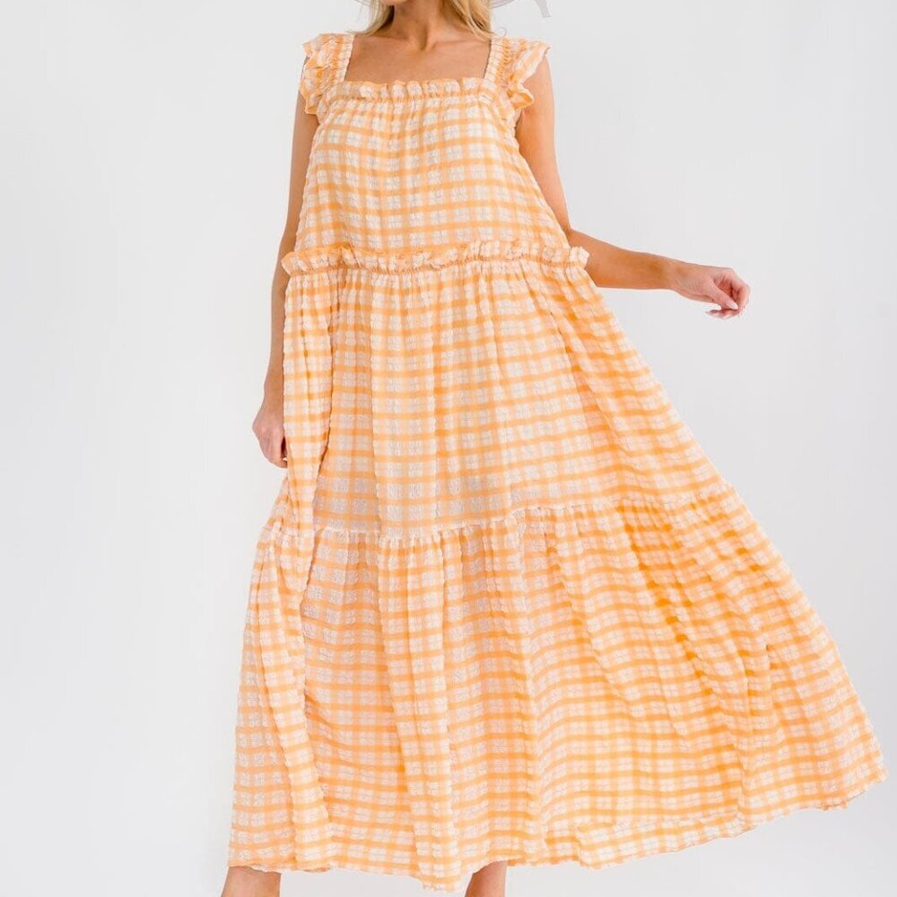 Gingham Midi Maxi Dress Orange‎ Cream New